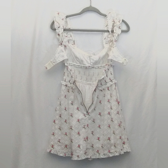 For Love And Lemons White With Delicate Pink Roses Smocked Mini Dress Sz XS - Picture 8 of 11